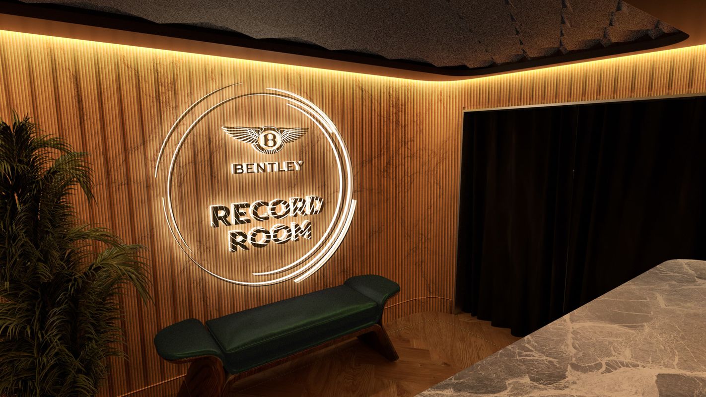 The Bentley Record Room entrance hall in gold with circular logo