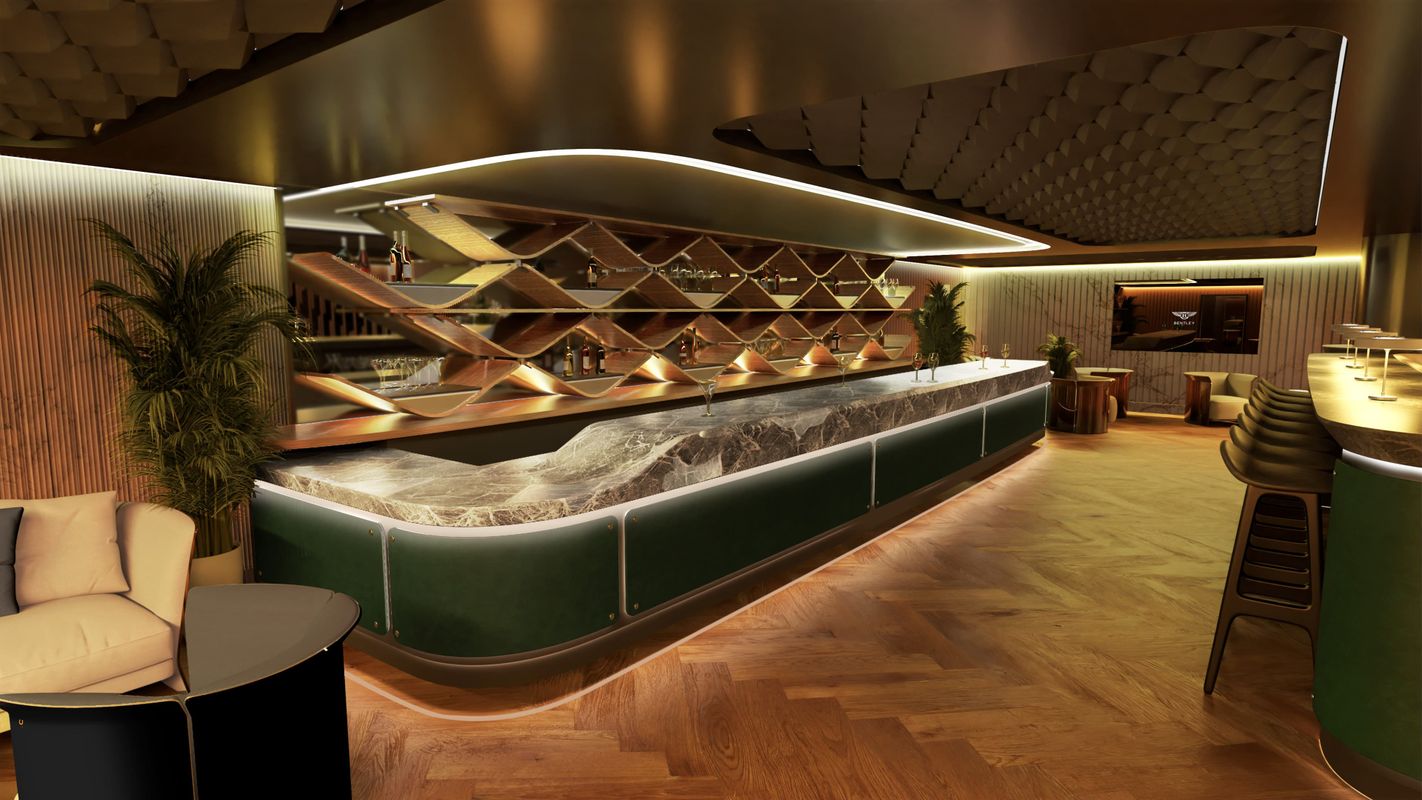 The Bentley Record Room bar, dressed in gold with luxe interior